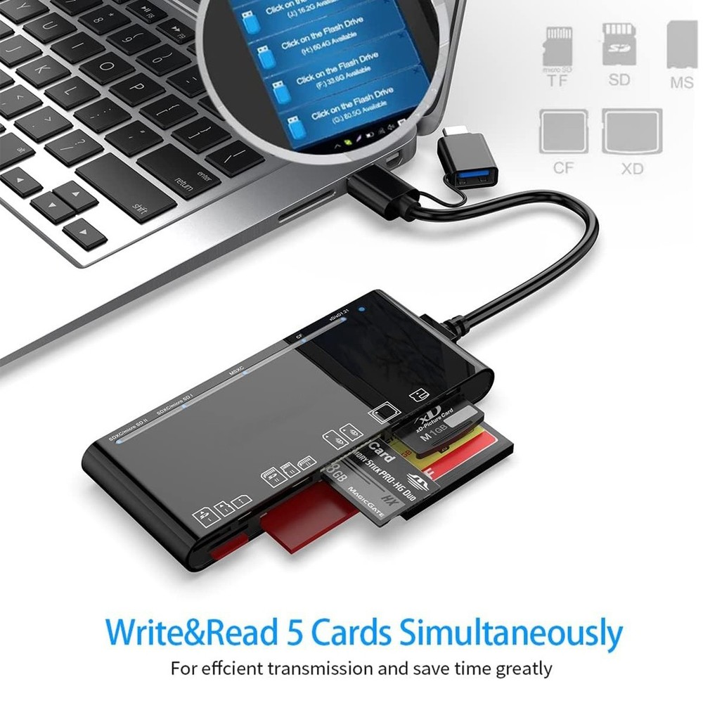 7-in-1 USB C Card Reader with USB 3.0 Adapter or SD/Micro SD/CF for MacBook, PC