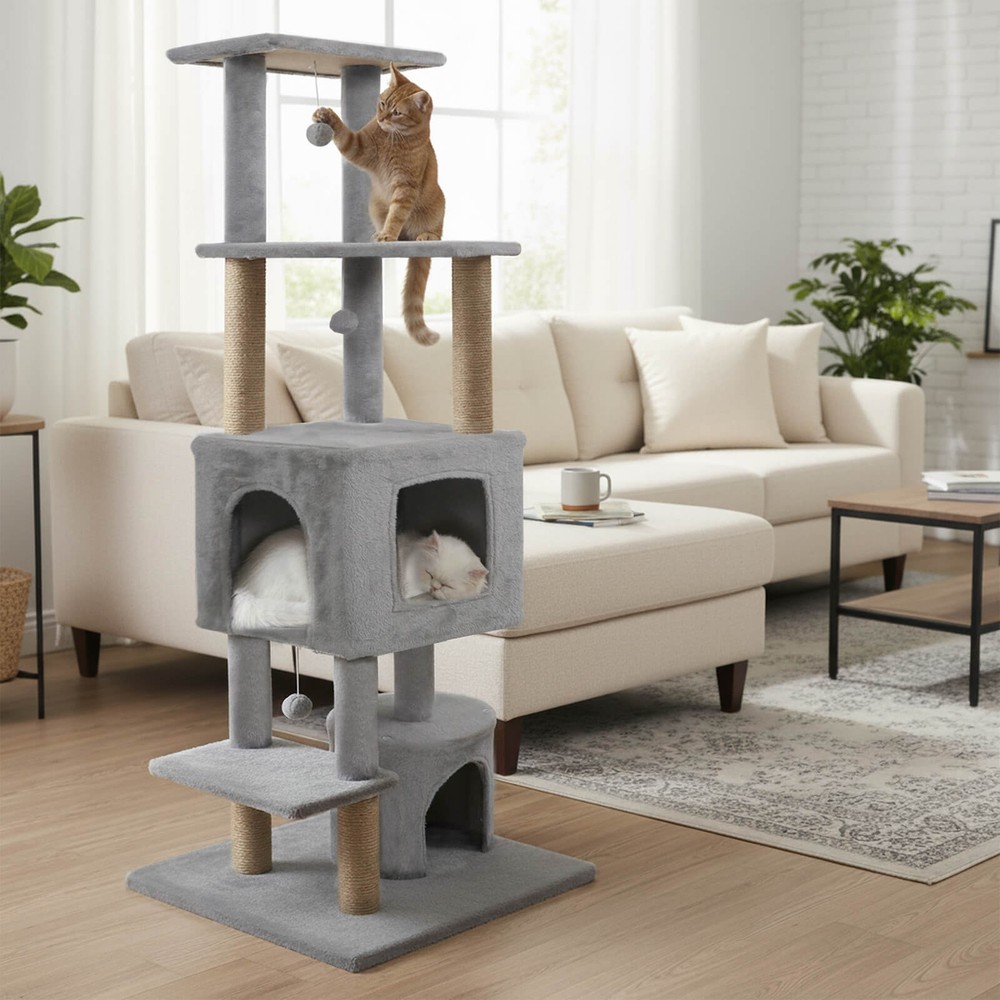64” Tall Cat Tree with 2 Large Condos, Jute Scratching Posts, Plush Top Perch