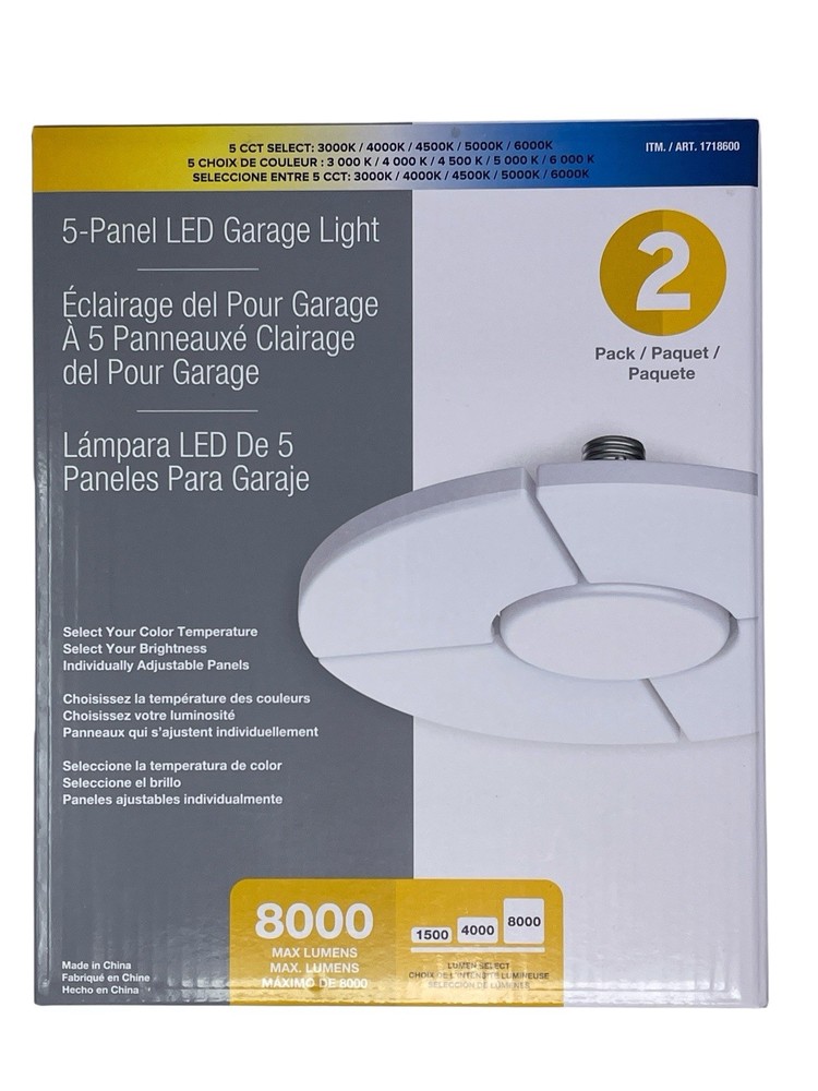 LED 5 Panel Adjustable 8000 Lumens Garage Light 5 Color Temperatures 2 Pack