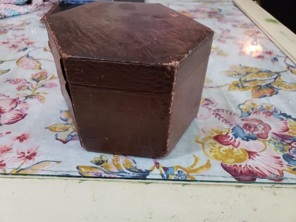 Antique Vintage VICTORIAN LEATHER COLLAR BOX Brass Latch Hexagonal