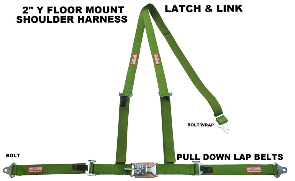 2" LATCH & LINK Y FLOOR MOUNT HARNESS. 3 POINT BUGGY BELT LIME GREEN