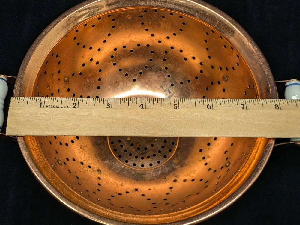 Vintage Copper Colander Hearts Ceramic White Blue Handles
