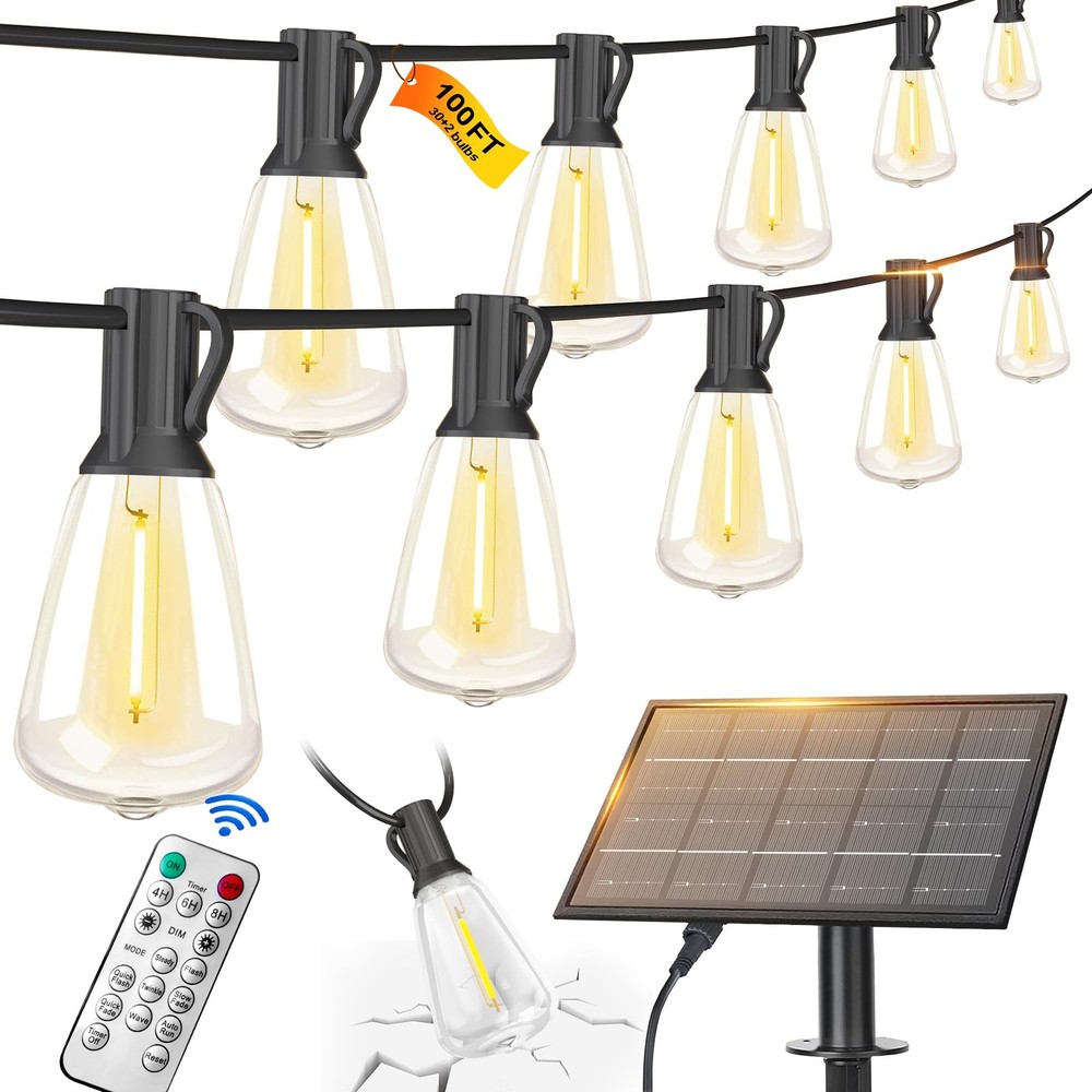100FT Solar String Lights Outdoor Waterproof with Remote Control Solar Patio
