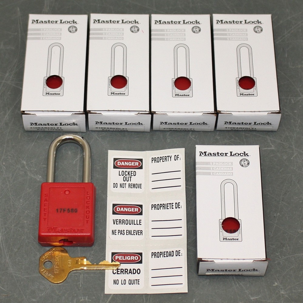 (20) Master Lock Lockout Padlocks 410KAREDLZ1, Keyed Alike, Red Plastic, Pad