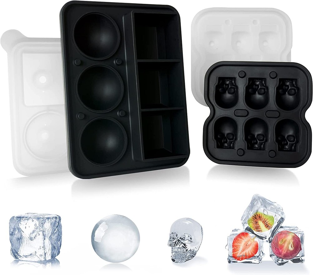 2 Silicone Ice Trays Makes 3 Molds 3D Skull Large Round Sphere Square Cube Black