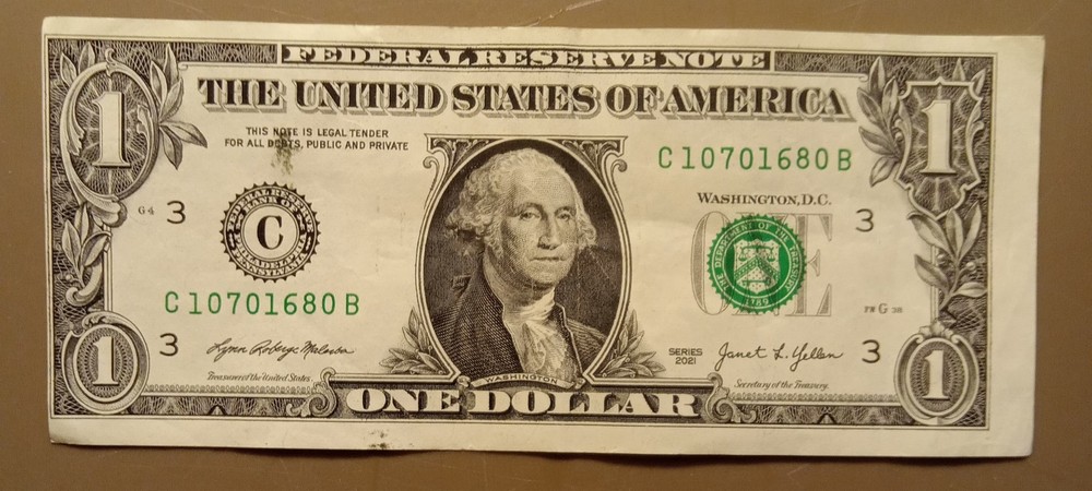 2021 Series $1 One Dollar Bill with Misprint Error Front & Back, Excellent Cond
