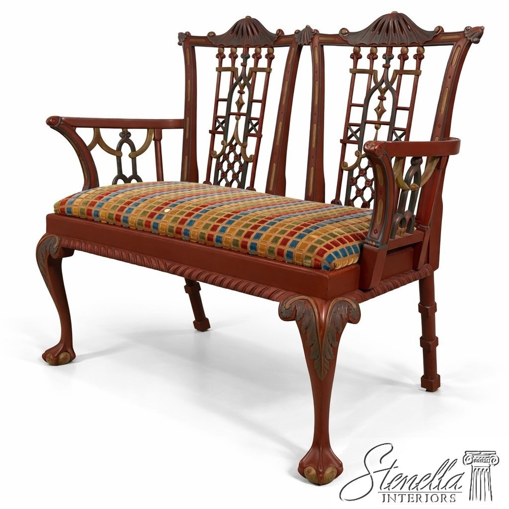 72052: Chinese Chippendale Style Painted Finish Settee Bench