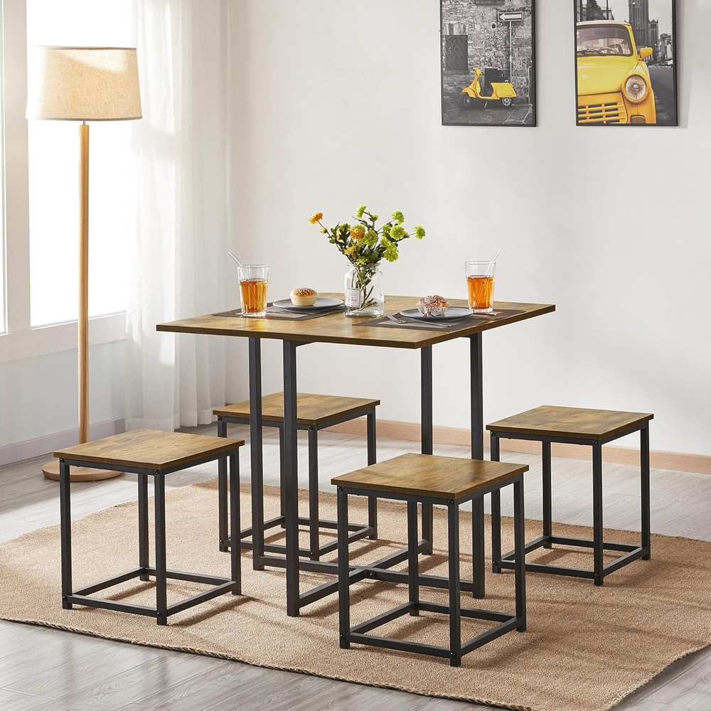 Industrial Dining Table Set for 4 Compact Kitchen Table and 4 Stools Space Savin
