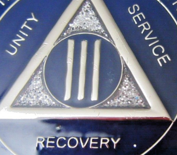 Blue SPARKLE Silver Alcoholics Anonymous 3 Year AA Medallion Coin Token Chip