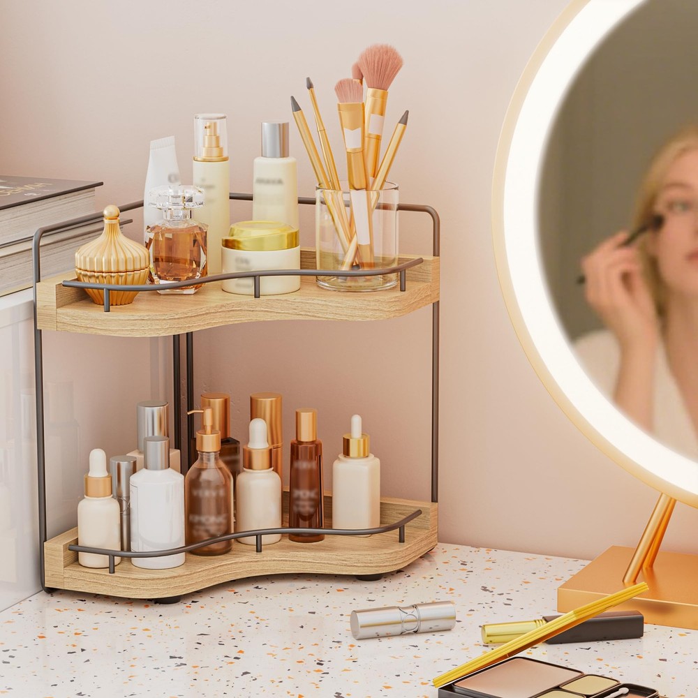 2-Tier Corner Bathroom Counter Organizer with Embedded Screw Holes, Secure & ...
