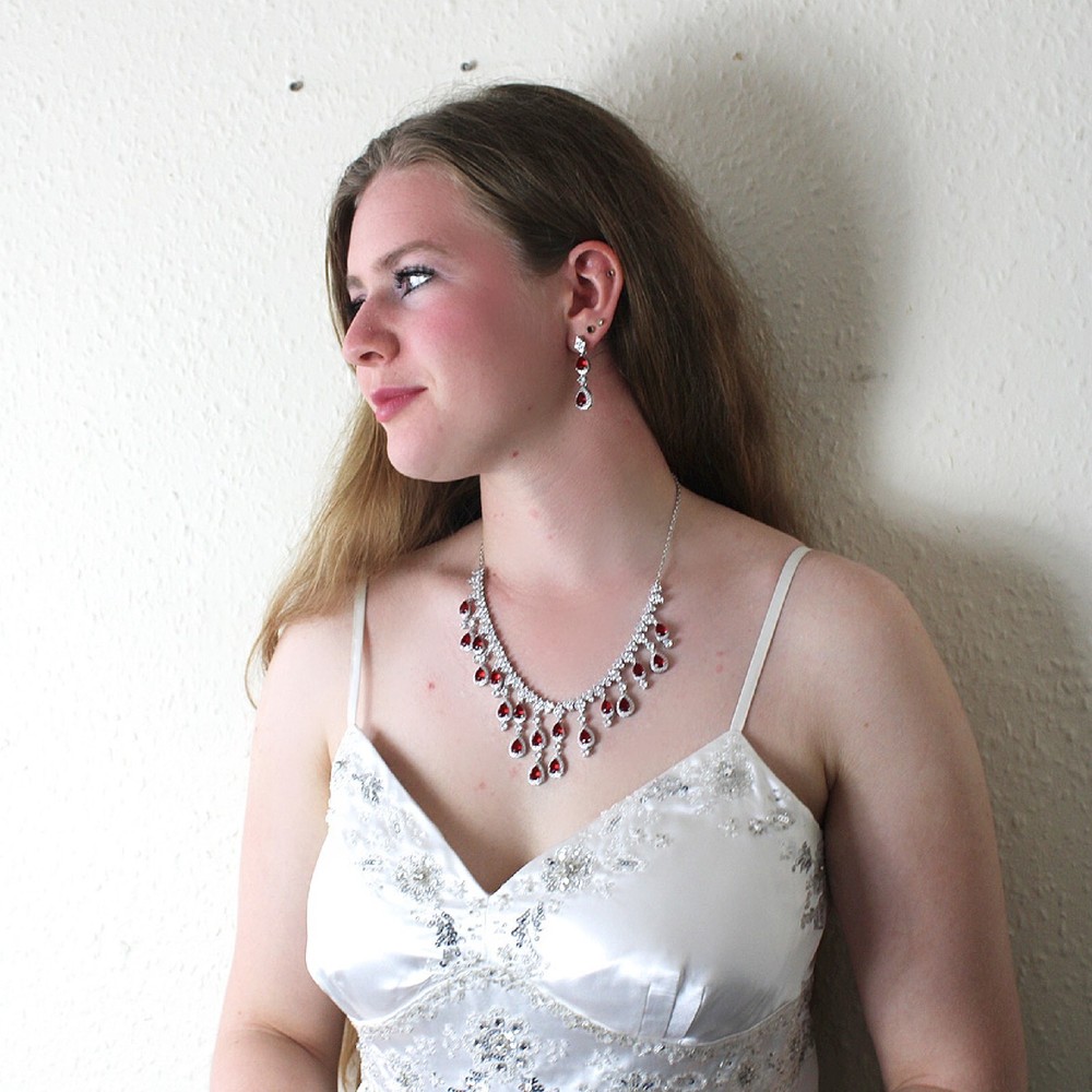 WHITE GOLD FINISH Red Ruby Pear Cut Waterfall Created Diamond Jewellery Set