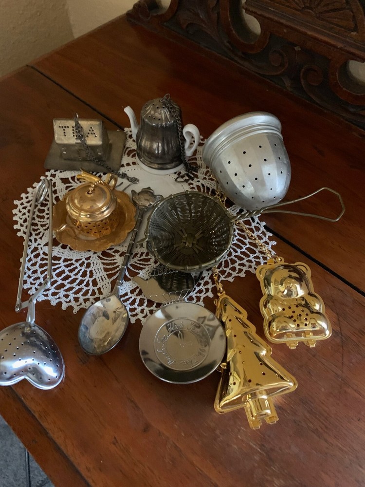 Vintage Lot 10 Tea Strainers, Spoon, Bag holder, Infusers Christmas