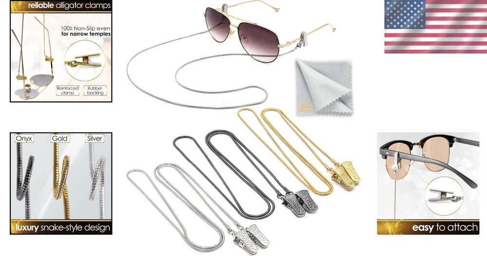 Secure Eyeglasses Strap Holder - Alligator Clasps Included