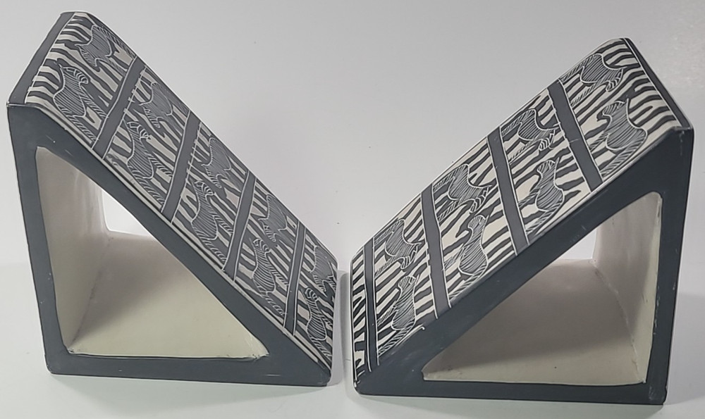 Zebra Pattern Bookends Hand Carved Besmo Stone Triangle Shape Kenya Book Ends