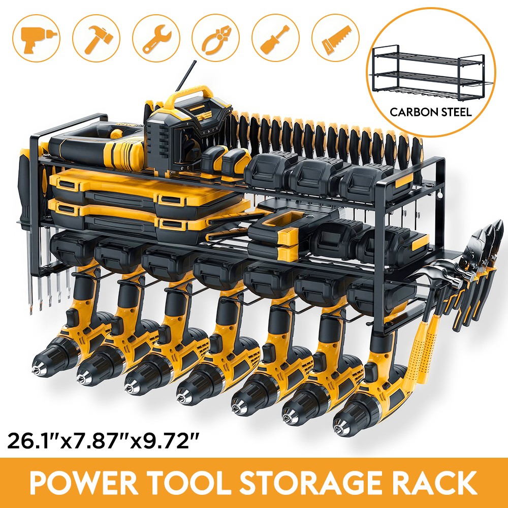 Wall Mount Power Tool Organizer 7 Drill Holders 3 Layers Heavy Duty Metal Shelf