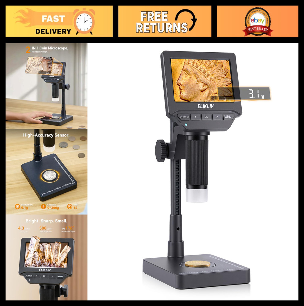 4.3" Digital Coin Microscope with Scale, Adjustable LED, Error Coin Magnifier fo