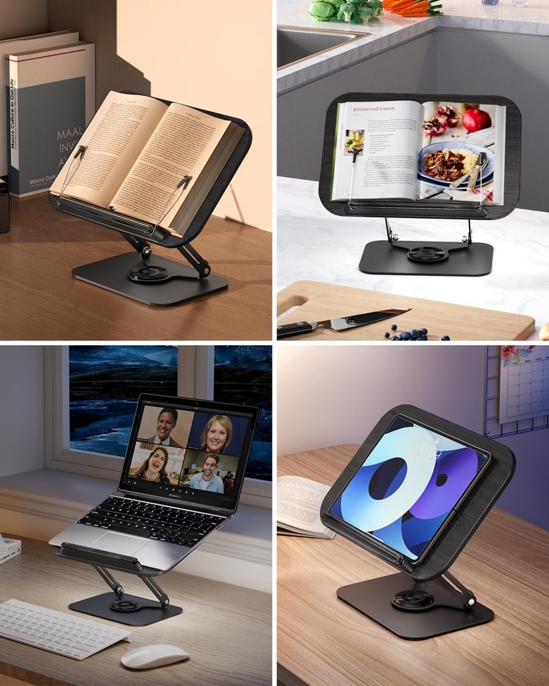 Book Stand for Reading,Book Holder, Height&Angle Adjustable, 360° Rotating Ba...