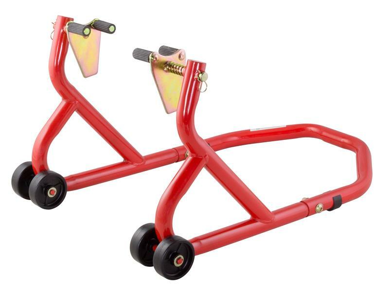BikeTek red front paddock stand with under-fork adapters