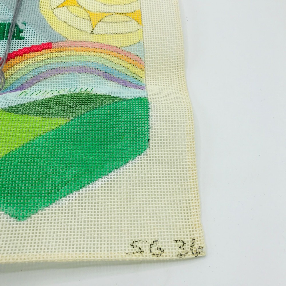 Vintage Hand Painted Needlepoint Pattern Canvas Rain Sunshine Rainbow Pride