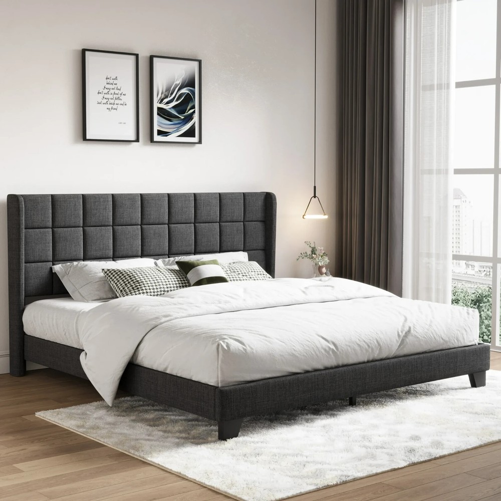 King Sized Platform Bed with Wingback Headboard. Square Stitched Style,Dark Grey
