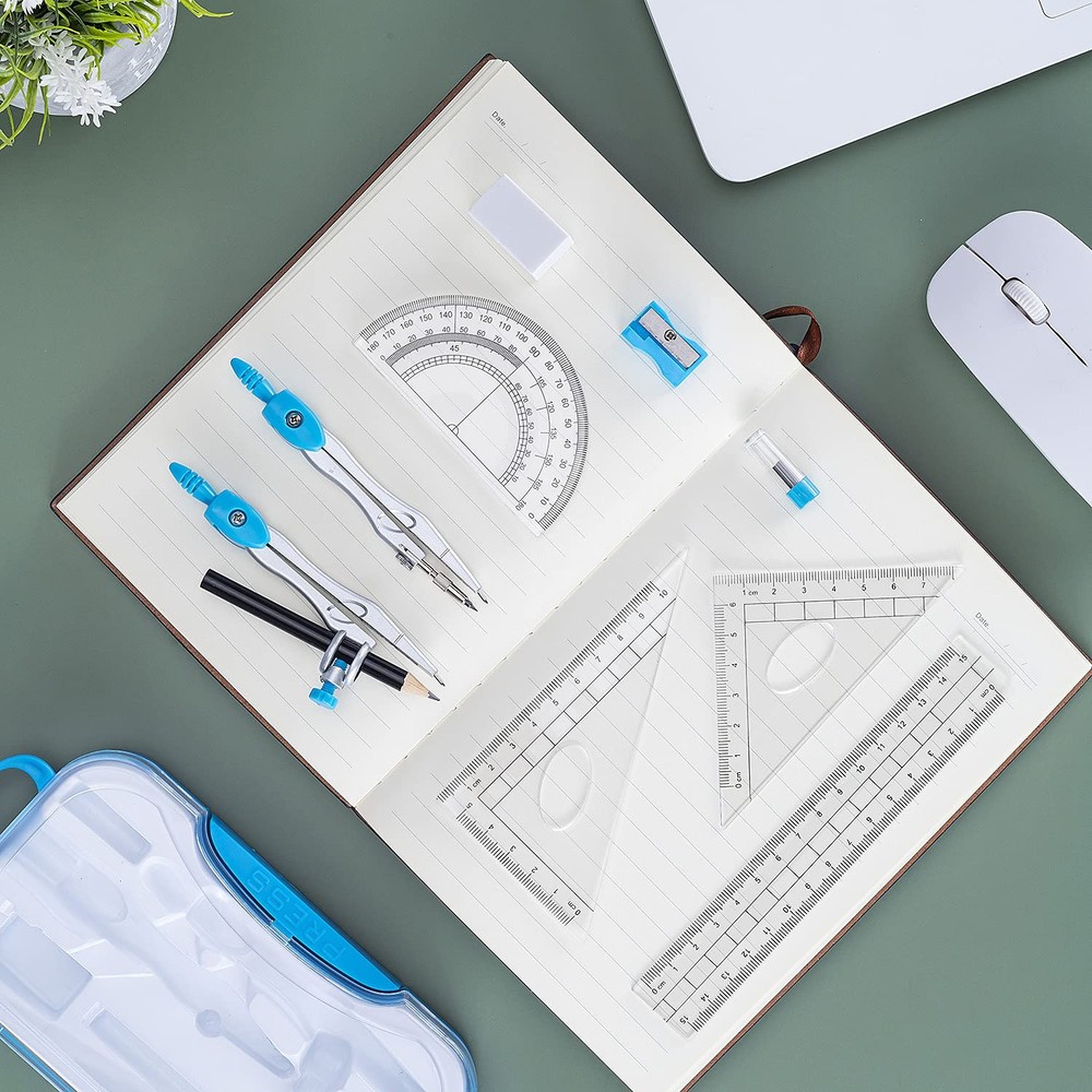 Math Geometry Kit Set 10 Pieces with Shatterproof Storage Box, Student Suppli...