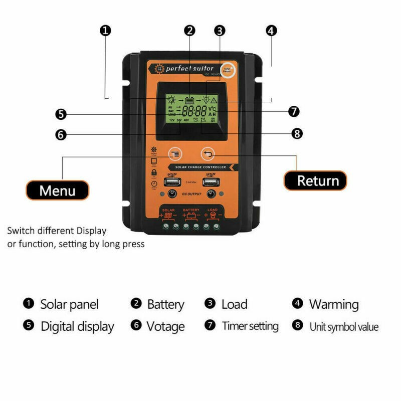 70A Solar Charger Controller 12/24V Dual USB Battery Panel Regulator