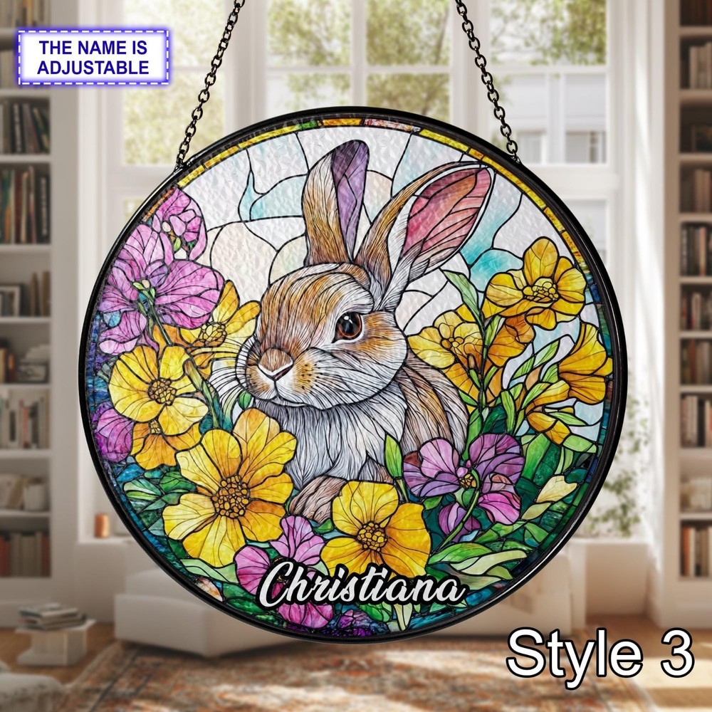Custom Name Rabbit Stained Glass Suncatcher – Personalized Bunny Window Decor