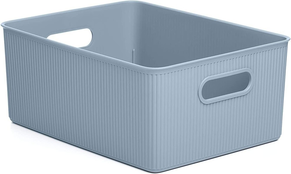Superio Medium Stone Blue Ribbed Storage Bin, Plastic Storage Basket (15 Liter)