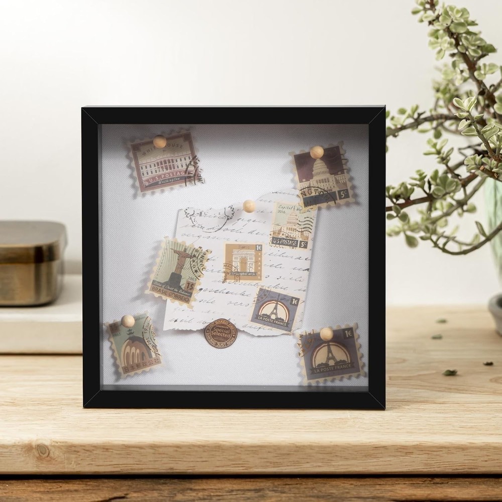 8x8 Shadow Box Frame with Soft Linen Back - Push Pins Included, Memory Box Di...