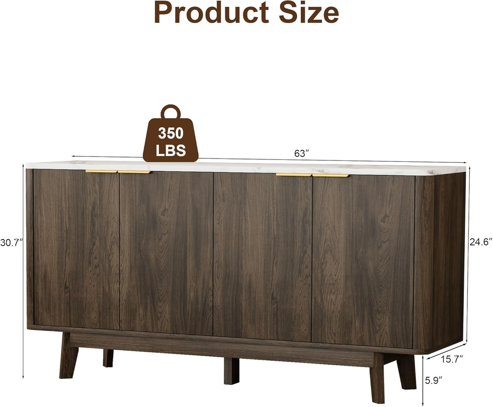 Modern 63" Buffet Cabinet with Storage, Curved Design, 4 Doors, Brown