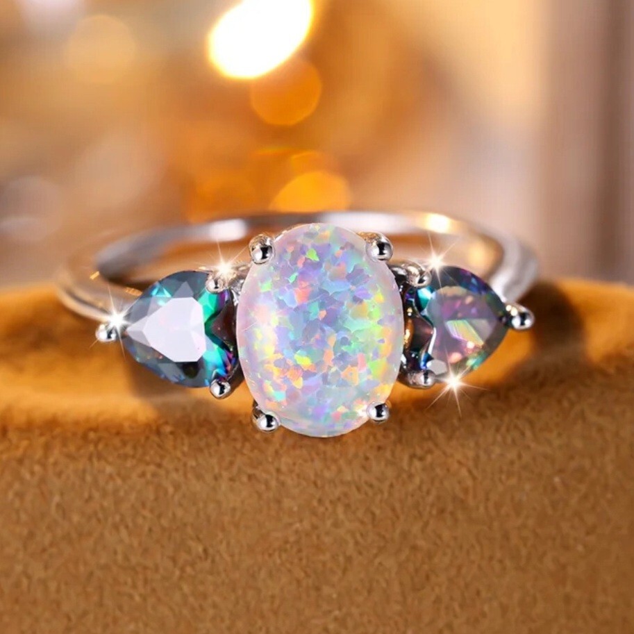 925 Sterling Silver Fire Rainbow Opal Mystical Topaz Engagement Ring Size 7