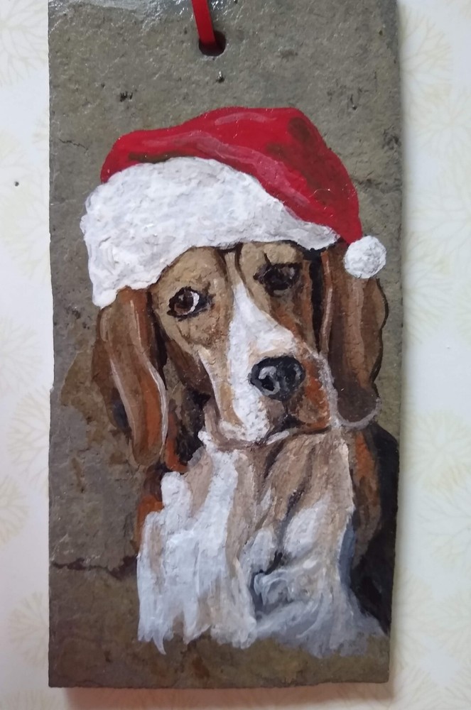 hand painted ornament - beagle with red hat