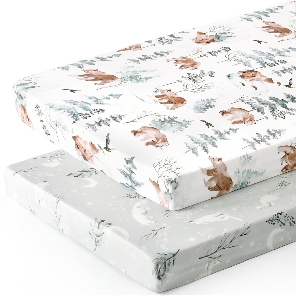 2 Pack Ultra Soft Stretchy Bear Wolf Jersey Knit Fitted Pack Play Sheets Set