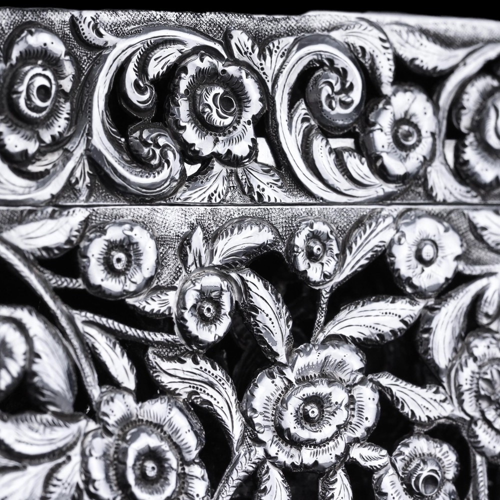 Antique Victorian Solid Silver Card Case Pierced Flowers - Francis Clark 1839
