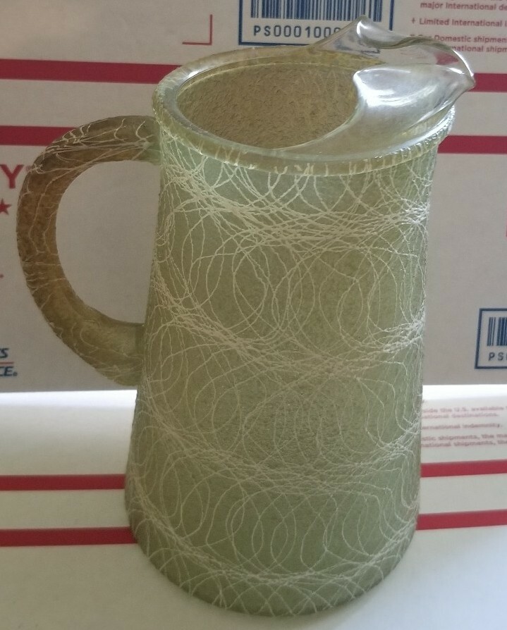 Vintage 1950's Green Spaghetti String Glass Pitcher