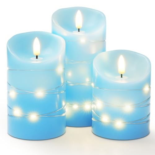 Flameless Candles with String Lights, 3 Pack Embedded Fairy String Lights Blue