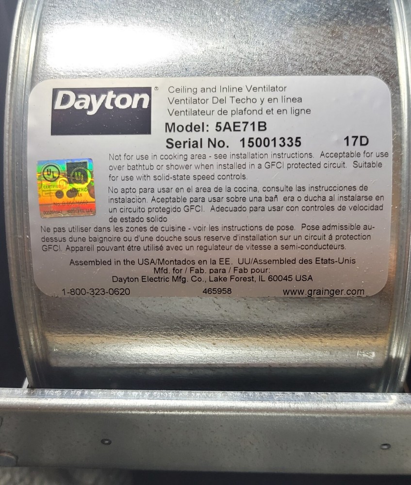 Dayton 5AE71B Ceiling And Inline Ventilator