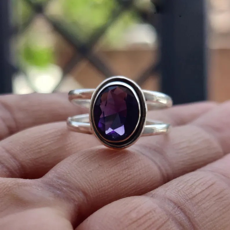 Solid 925 Sterling Silver Natural Amethyst Oval Purple Gemstone Split Band Ring