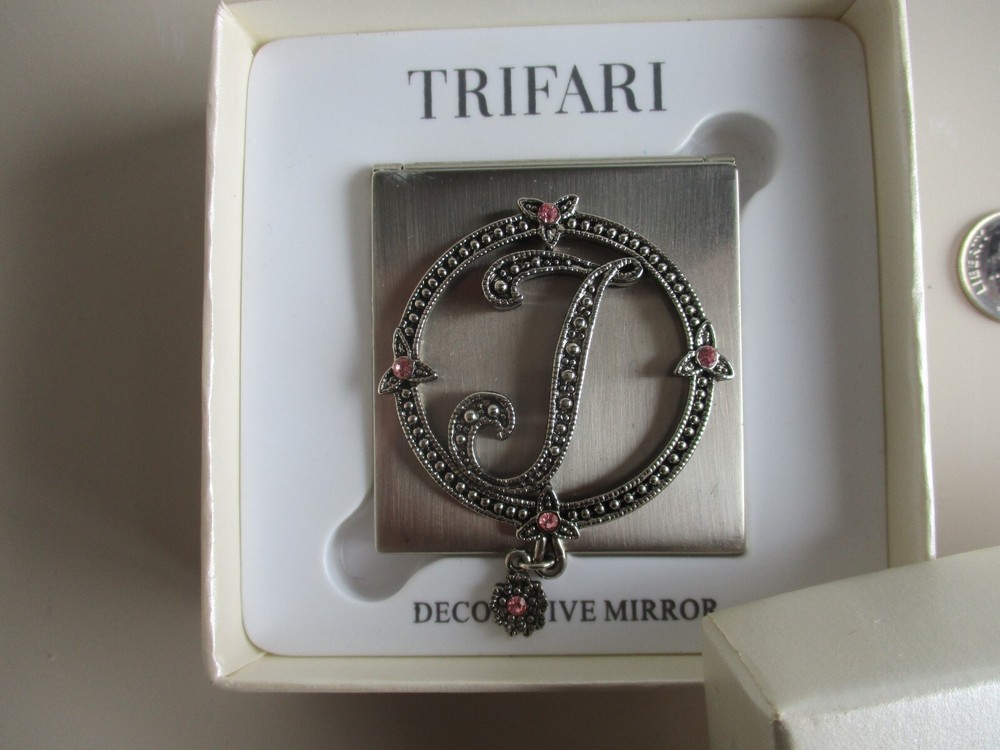 "T" Initial Trifari Silvertone Double Sided Decorative Mirror NIB