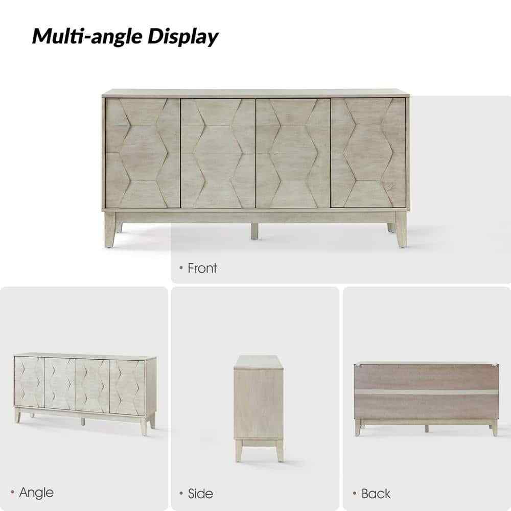 Modern Sideboard Hexagonal Embellishments with Solid Wood Legs White 60 In. New