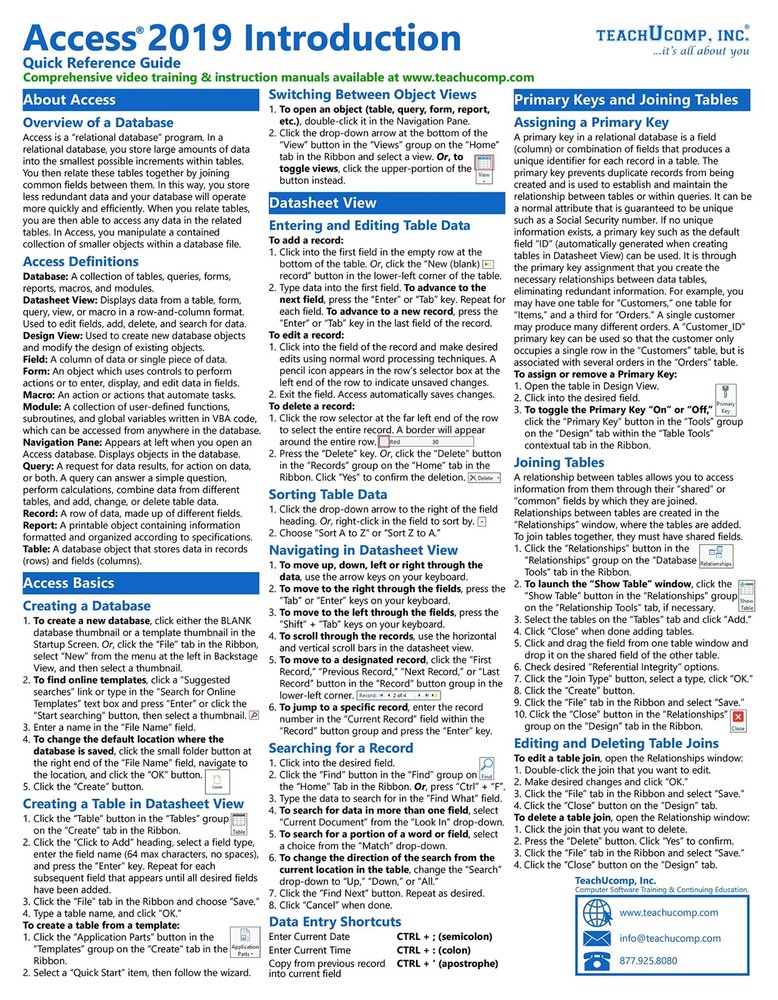 Access 2019 Training Guide Quick Reference Card 2 Page Cheat Sheet Instructions