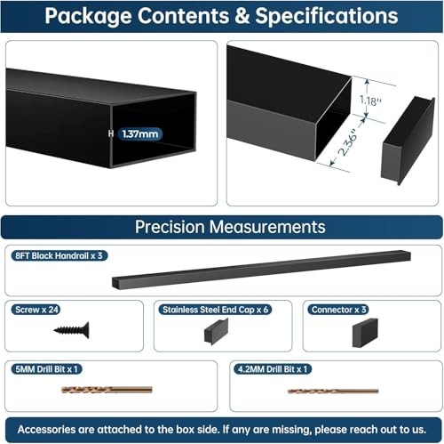 8FT Stainless Steel 304 Handrail Black 3Pack, Rectangular Handrail-8FT-3 Pack