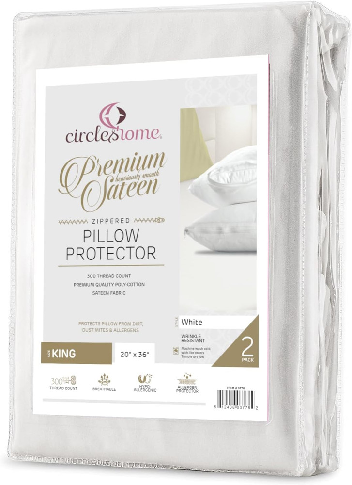 Circleshome Pillow Protectors 2 Pack King Zippered - Cotton Polyester Sateen 300