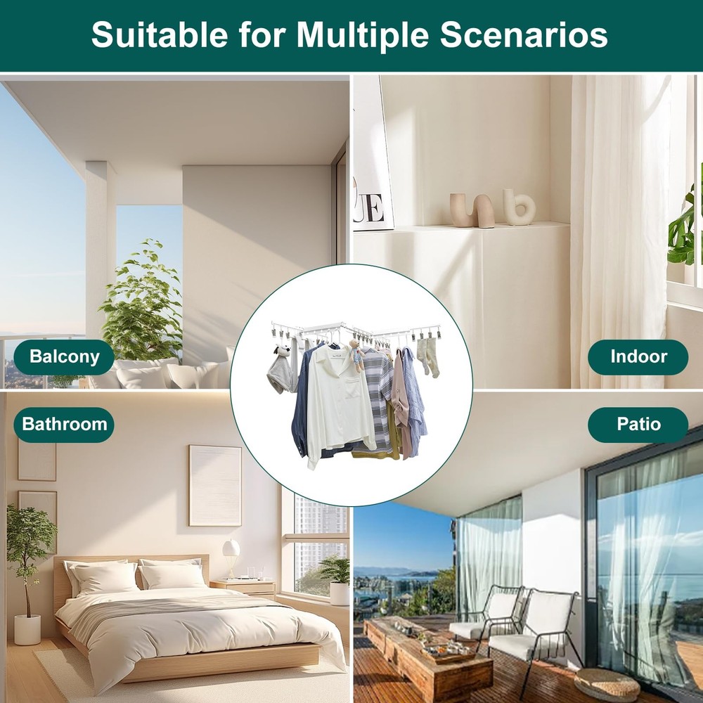 White 51" Clothes Drying Rack Retractable Foldable Wall Mounted, Tri-Fold Spa...