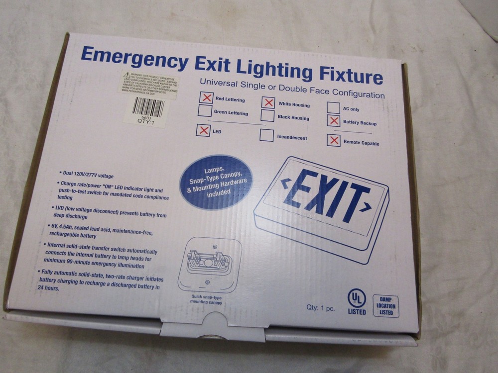 Emergency Exit Lighting Fixture LED Battery Backup Remote Capable Red NIB