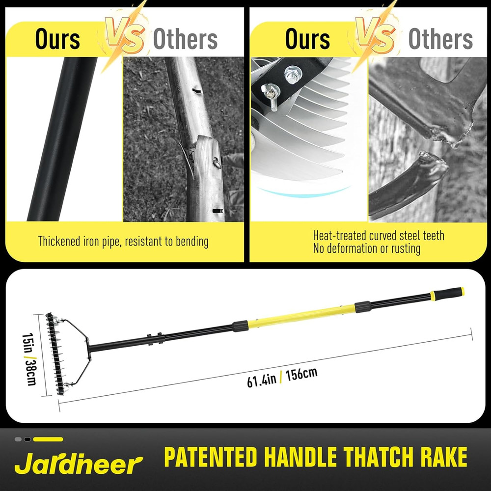 Thatch Rake for Lawns, 61.4" Long Handle Manual Dethatcher with Adjustable Head,