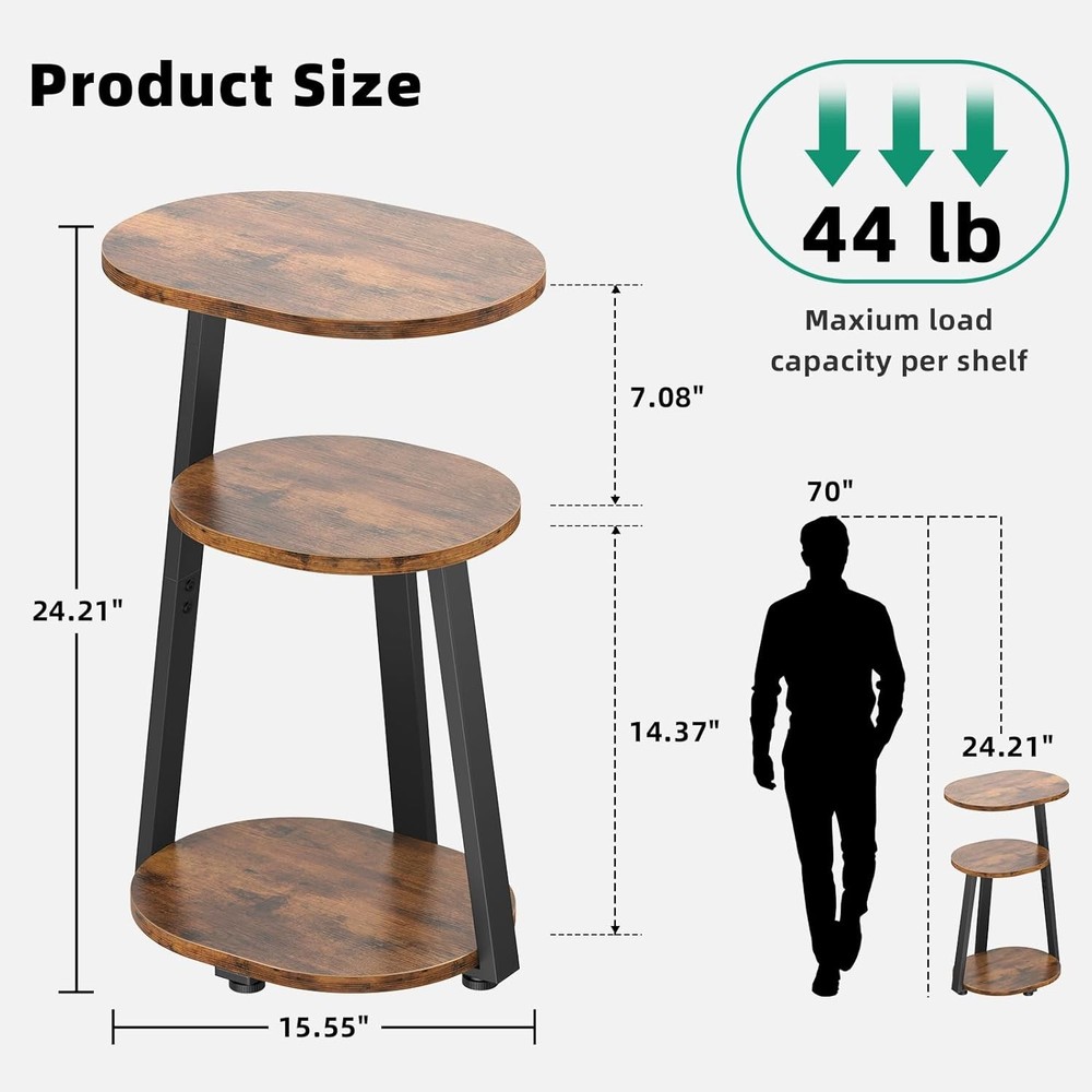 Side Table Small End Table W/ Metal Frame 3-Tier Bedside Tables Round Brown