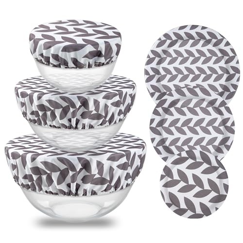 Elastic Reusable Bowl Covers for Bread Proofing, Fabric Cloth 3 Pack Grey Leaf