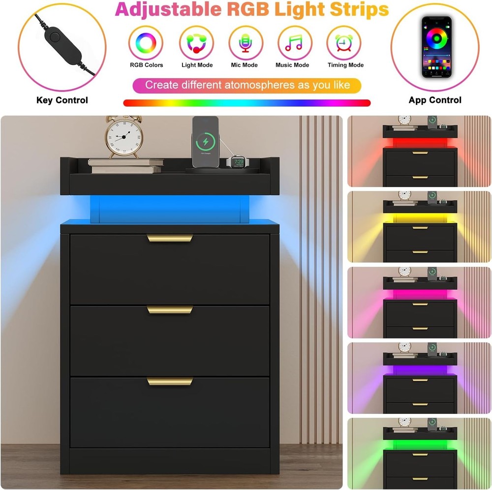 Modern Bedside Table with RGB LED 3 Drawer