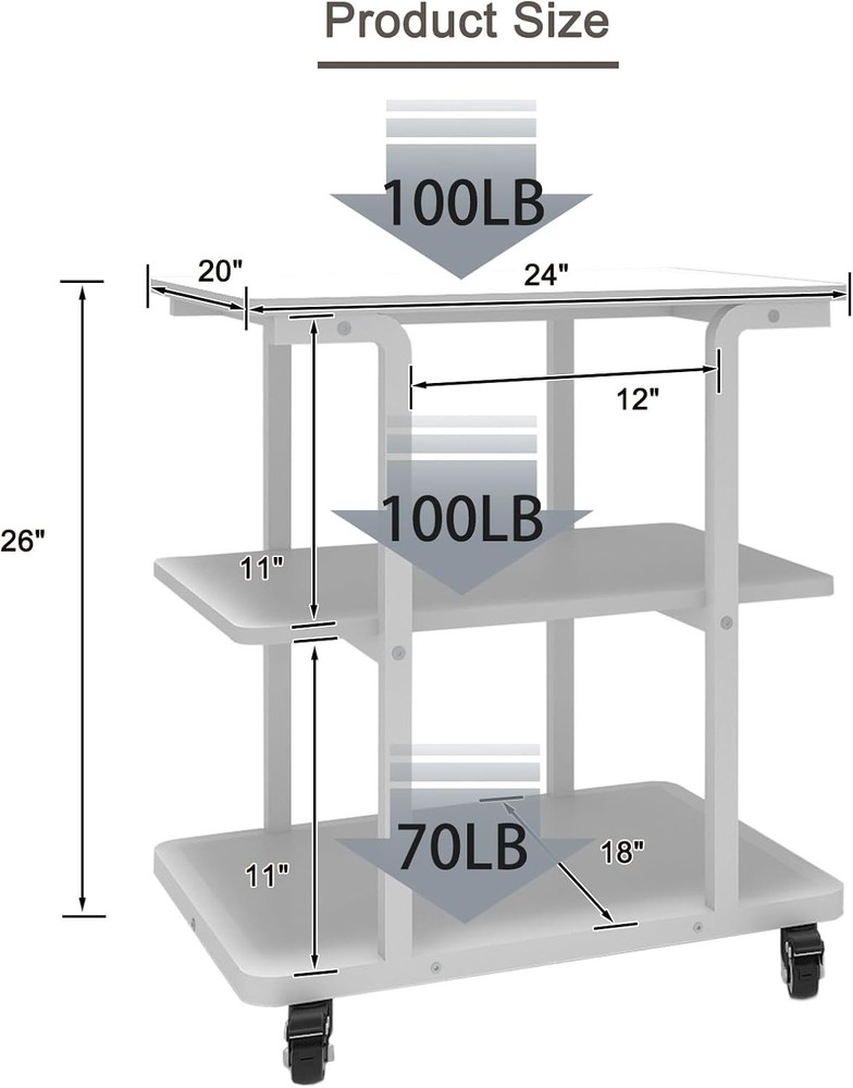 White Printer Stand 3 Tier Rolling with Wheels